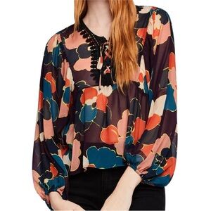 NEW BCBGeneration bishop sleeve multicolored top lace embroidery tie closure